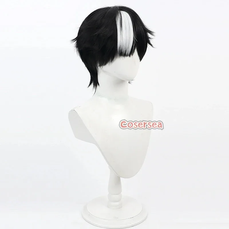 Cosersea ジャック コスプレウィッグ Identity V ジャック ロールプレイ 30cm ショート ストレート ブラック ミックス ホワイト メンズ ウィッグ 合成繊維 耐熱