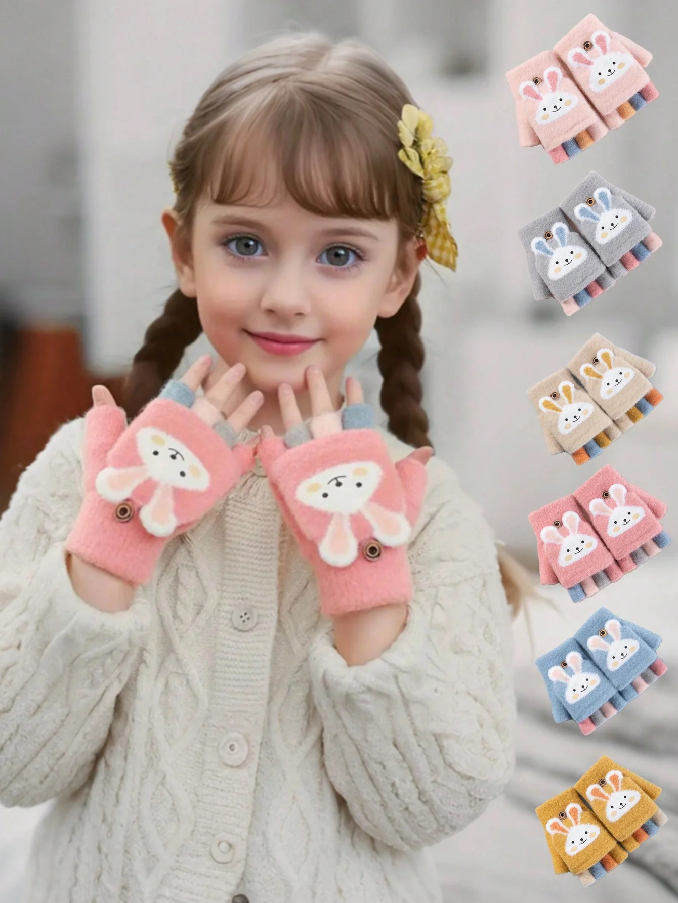 Halbfingerhandschuhe mit Klappdeckel zum Schreiben, Kinder-Baumwollhandschuhe, Mädchen, Winter-Kaninchen-Design mit Fleece für fünf Finger