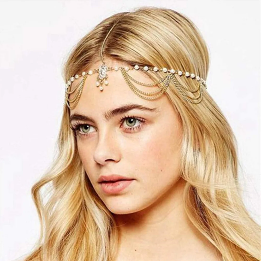 Boho Gypsy Indian Head Jewelry For Women Gold Color Handmade Imitation Pearl Chain Tassel Bridal Head Chain Wedding Accessories