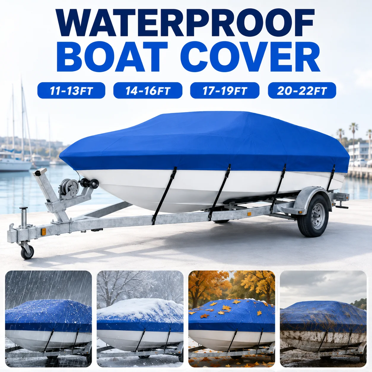 Trailerable Boat Cover 11-22FT All Weather Marine Protector with Tie Down Straps Sunproof Dustproof Storage for Fishing Boats