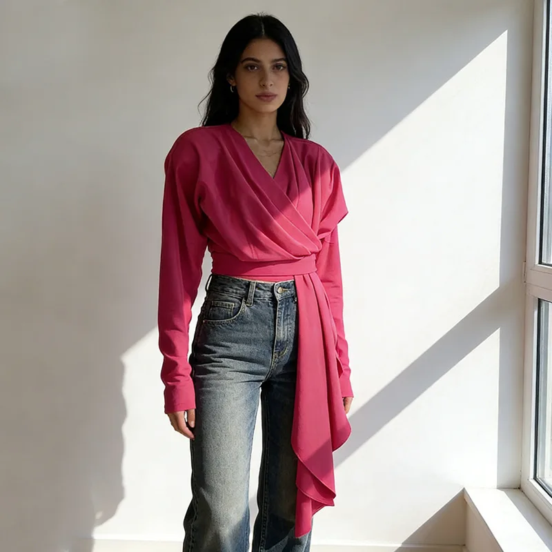 

Женская зимняя модная повседневная футболка с V-образным вырезом, облегающая, однотонная, с лентой, класса люкс