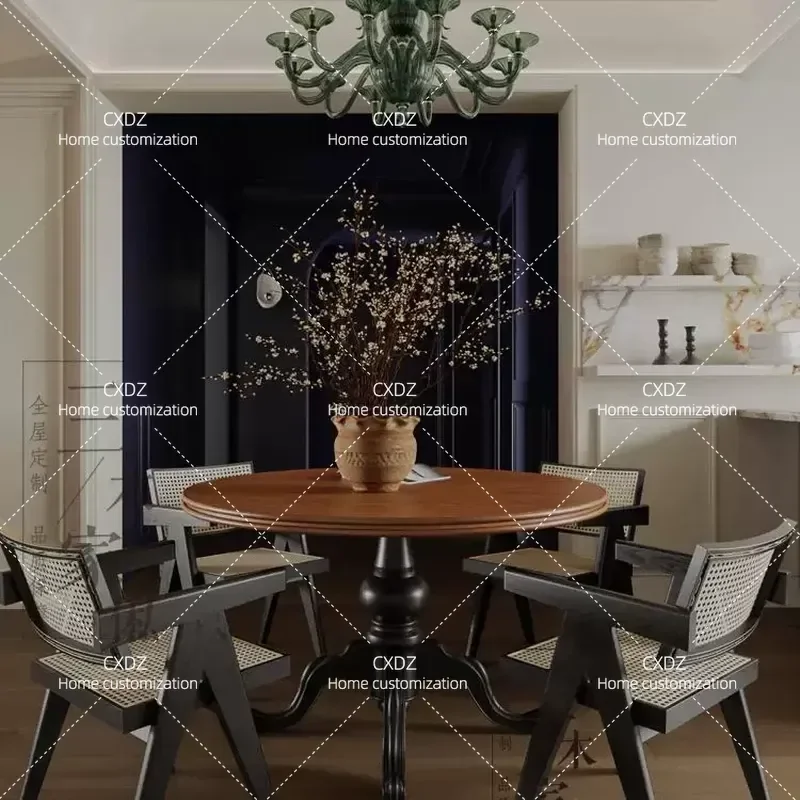 French Retro Solid Wood Round Table Small Apartment Black Nordic Simple Light Luxury Coffee Dining Table Customization