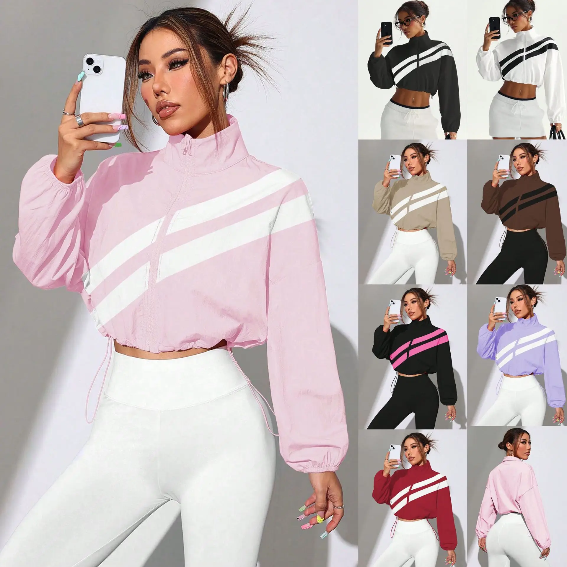 Women Cropped Windbreaker Stand Collar Full Zip Striped Long Sleeve Drawstring Hem Yoga Gym Sports Jacket
