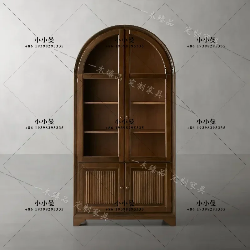 Retro Arched Multi Layer Solid Wood Bookcase Simple Glass Door Decorative Cabinet Vintage Style Storage Shelf for Home Living