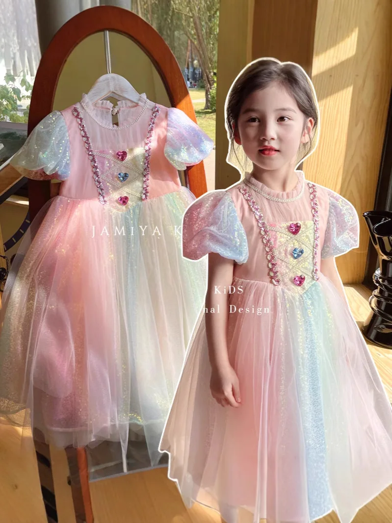 

Pink Ombre Rainbow Princess Dress for Girls Summer New Fashion Baby Toddler Birthday Party Gown
