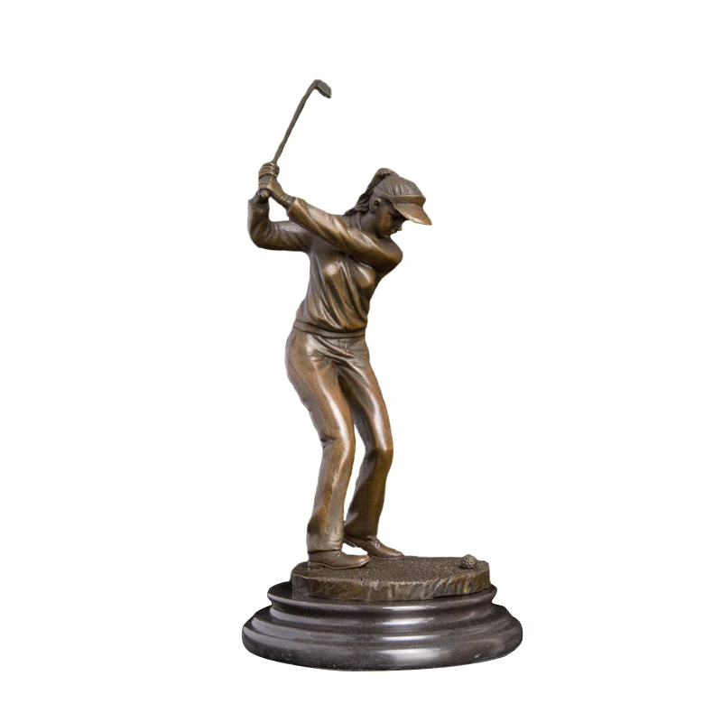 ZRY-034 Sport Statue Bronze Golf Player Sculpture Woman Golfer Figurines Girl Playing golf art decor For office Retro Copper