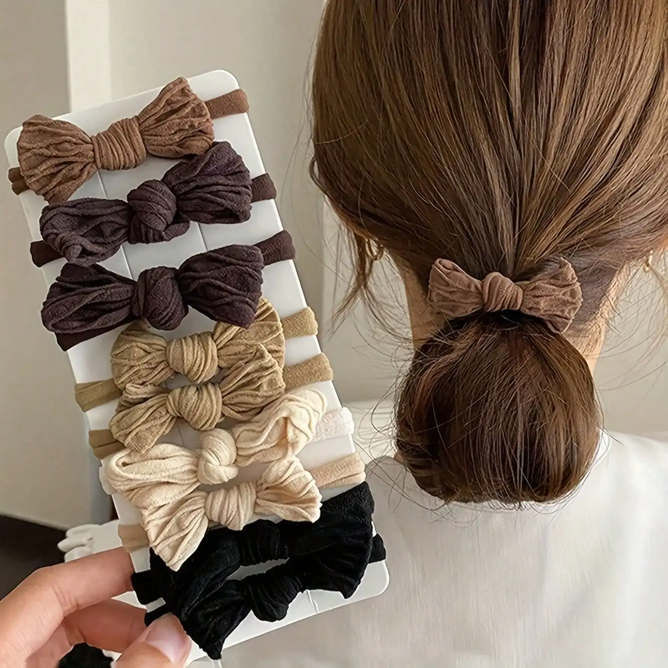 

5 Boho Bow Scrunchies - Print And Solid Color Elastic Headband, All-Season Universal Ponytail Headband, Suitable For Daily Use