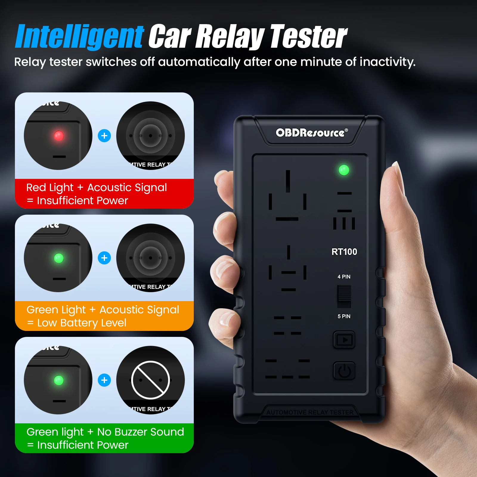 Automotive Relay Tester RT100 Compact Cordless Super 4Pin and 5Pin Relay Tester for 12 &24V Recognition Automatic Relay Tester