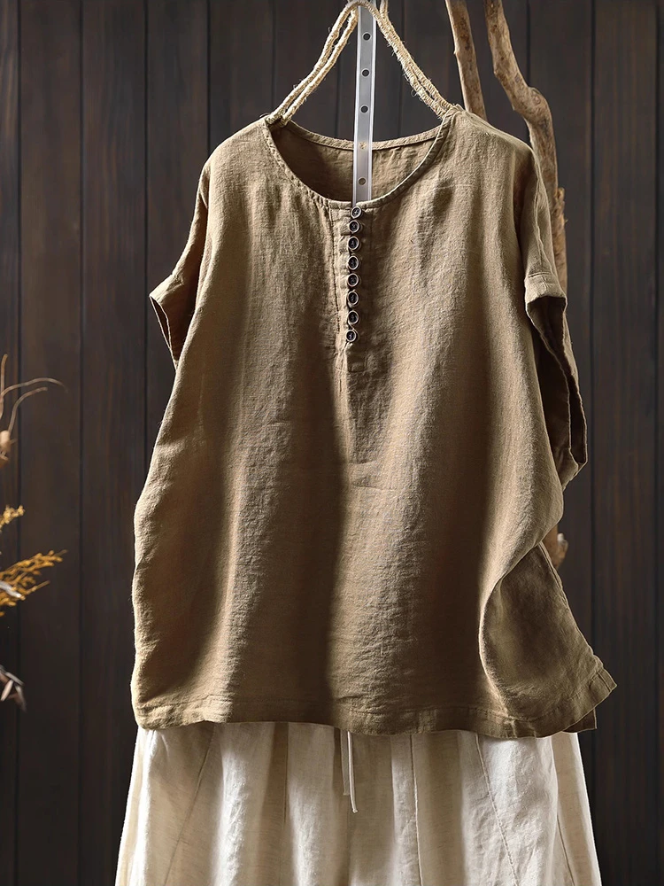 

100% Linen Women Casual T-shirts New Arrival 2025 Summer Vintage Style O-neck Solid Color Loose Female Sleeveless Tops Tees T648