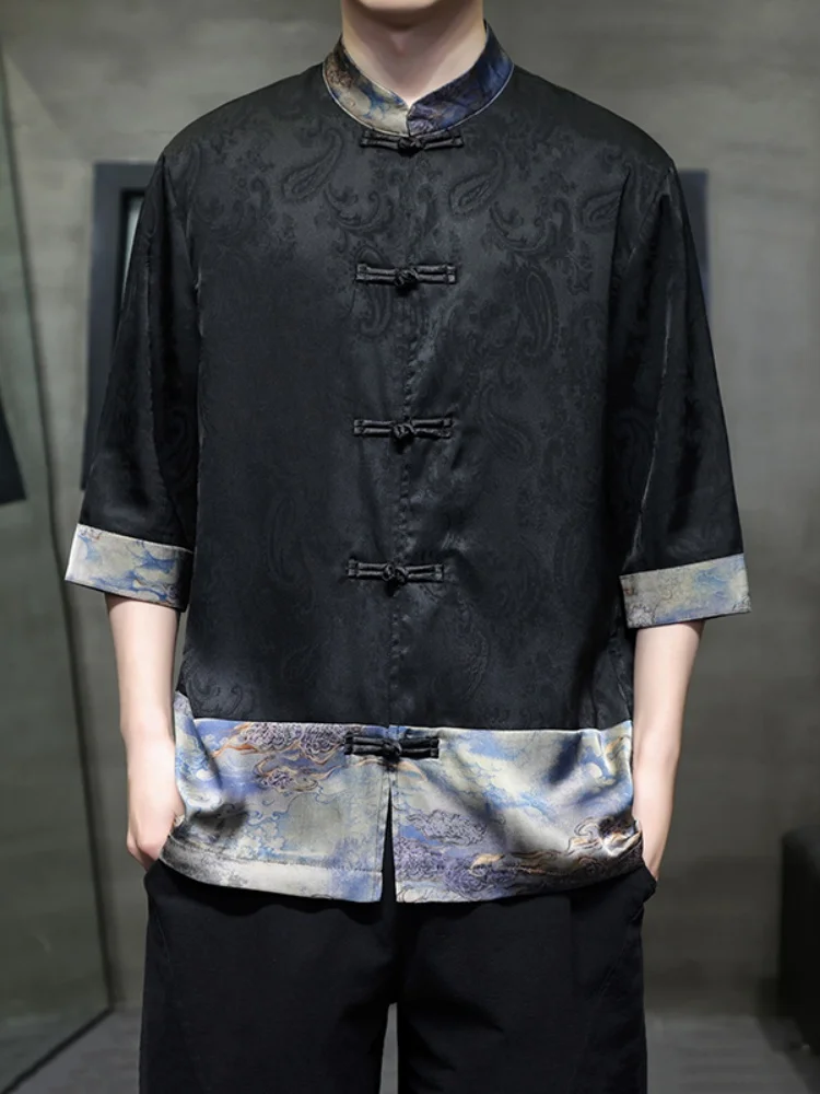 

New Chinese Sle Ice Silk irt Men's ort Sve Summer Cool Feeling Hanfu Tang Costume Large Size Summer Clothing irt