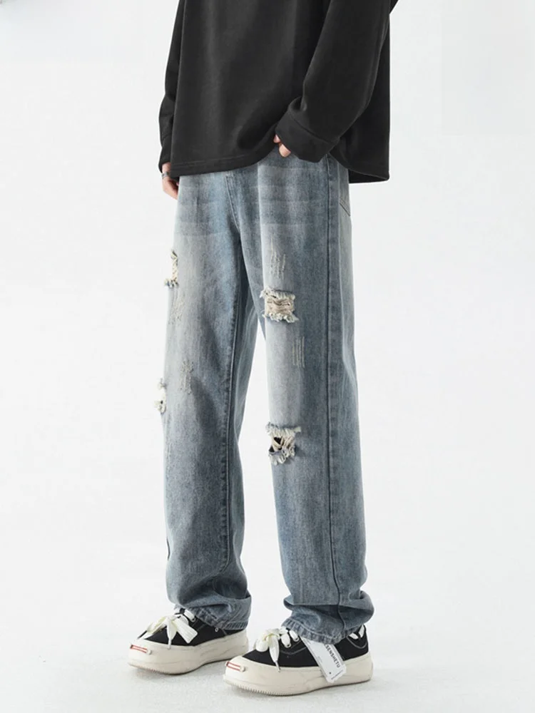 

Wassup Dozen American High Street Men's Cotton Denim Jeans Tear Worn out Autumn Straight Leg Long Pants Casual Youth Faion