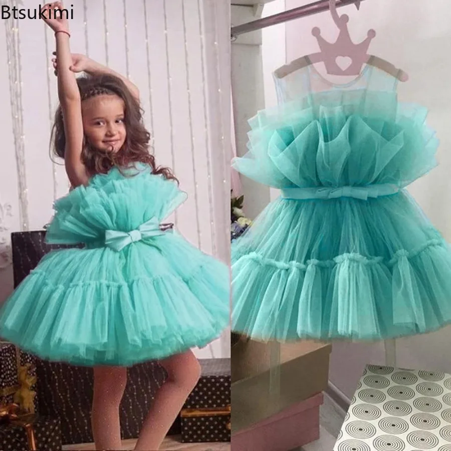 Elegantes Rüschenkleid für Hochzeiten und Partys, Tüll-Schleife, Brautjungfernkleid, Prinzessinnen-Geburtstagskleid, Einfarbige Kleider für Mädchen, Abendgarderobe