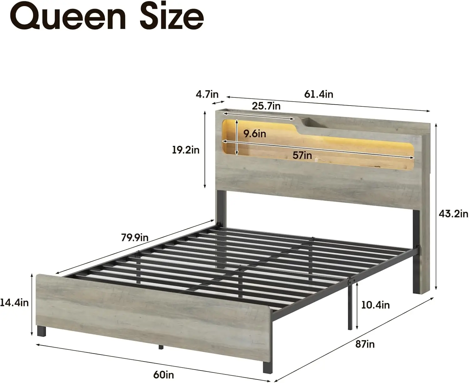 Queen Size Bed Frame with 2-Tier Headboard, Metal Platform Bed Frame RGB Led Lights with Charging Station, No Box Spring Needed,