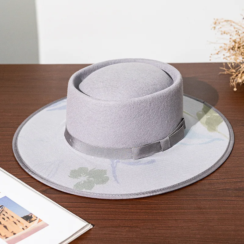 USPOP 2023 New Arrival AutumnMWinter High Quality 100% Wool Top hat Fashion Wide Flat Brim Print Fedoras