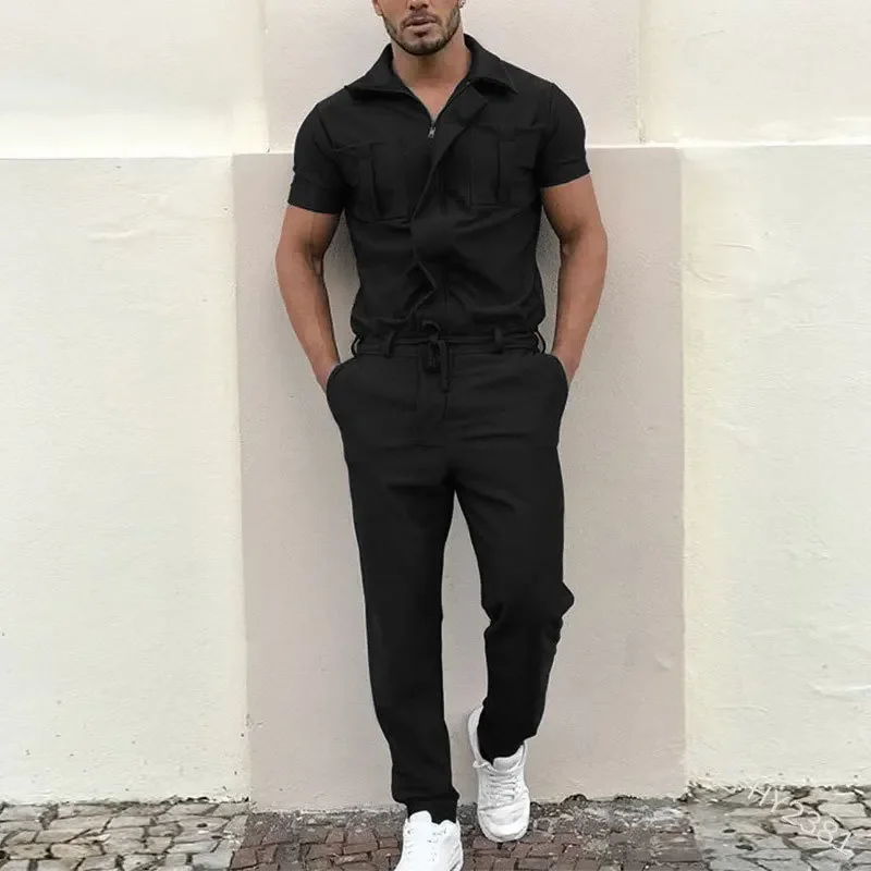 Summer Solid Color Men\'s Sets Safari Style Turndown Collar Short Sleeved Jumpsuit Zipper Casual Pants