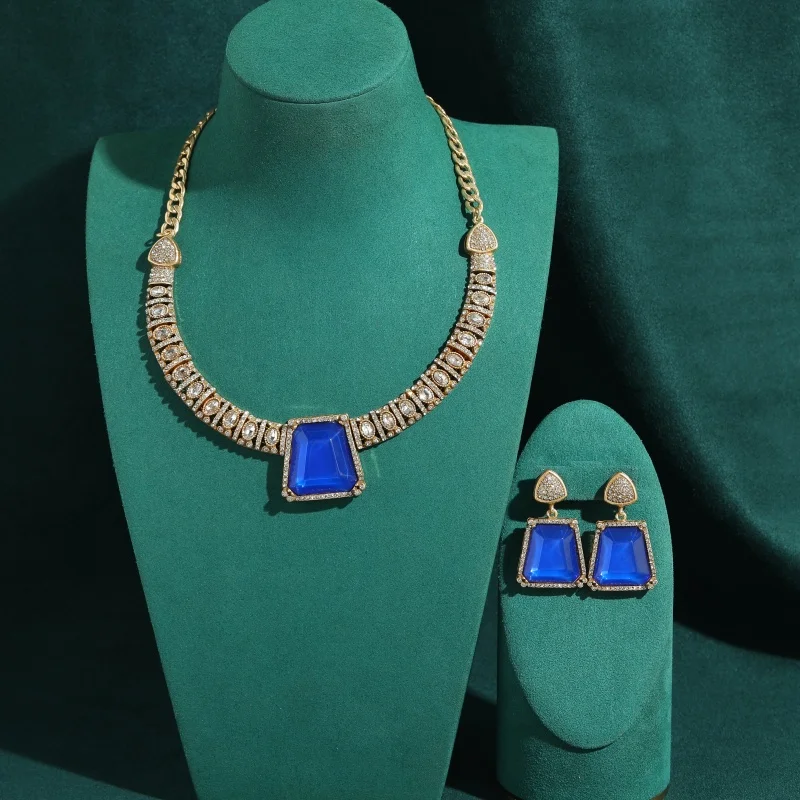 Vintage Alien Blue Glass Women's Jewelry Sets Necklace Earrings Luxury Gold Plated High Quality Light Gift For Women Trends 2026