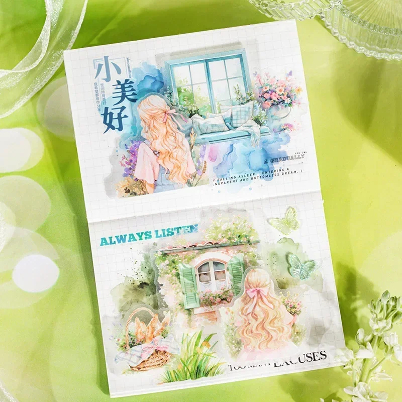 15Pcs Handmade Account PET stickers Healing Garden Sparkling Sand pack Material Decorative Collage Primer Scrapbook 135*88mm