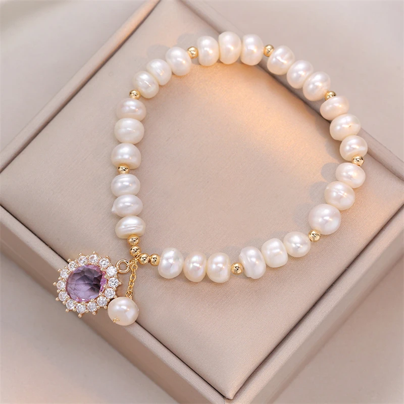 

Classic Luxury Purple Zircon Pendant Natural Pearl Bracelet for Women New Stainless Steel Charm Bracelet Jewelry Accessories