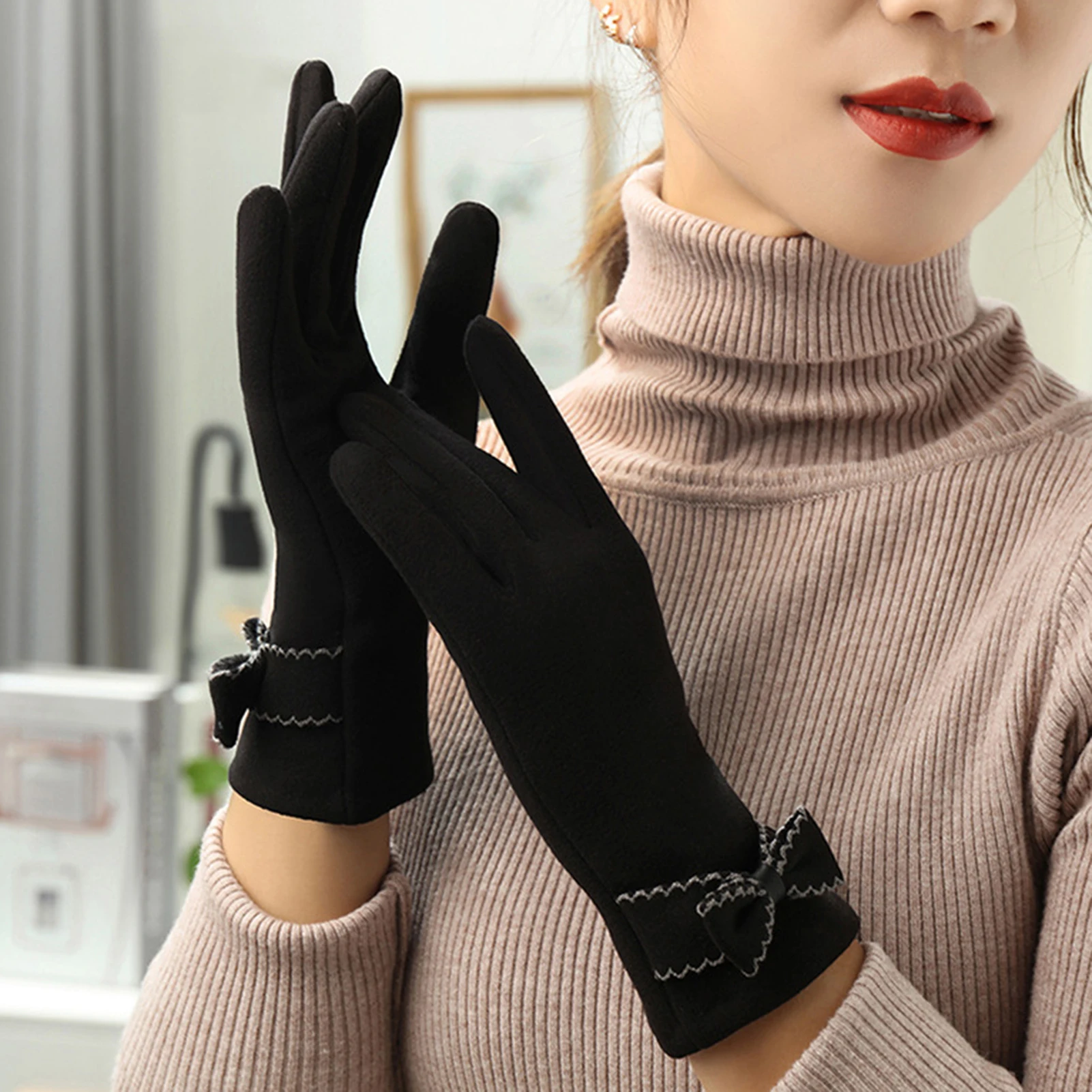 New Female Autumn Winter Warm Gloves Fleece Lined Thermal Full Finger Warm Gloves Women Cotton Touch Screen Cycling Gloves