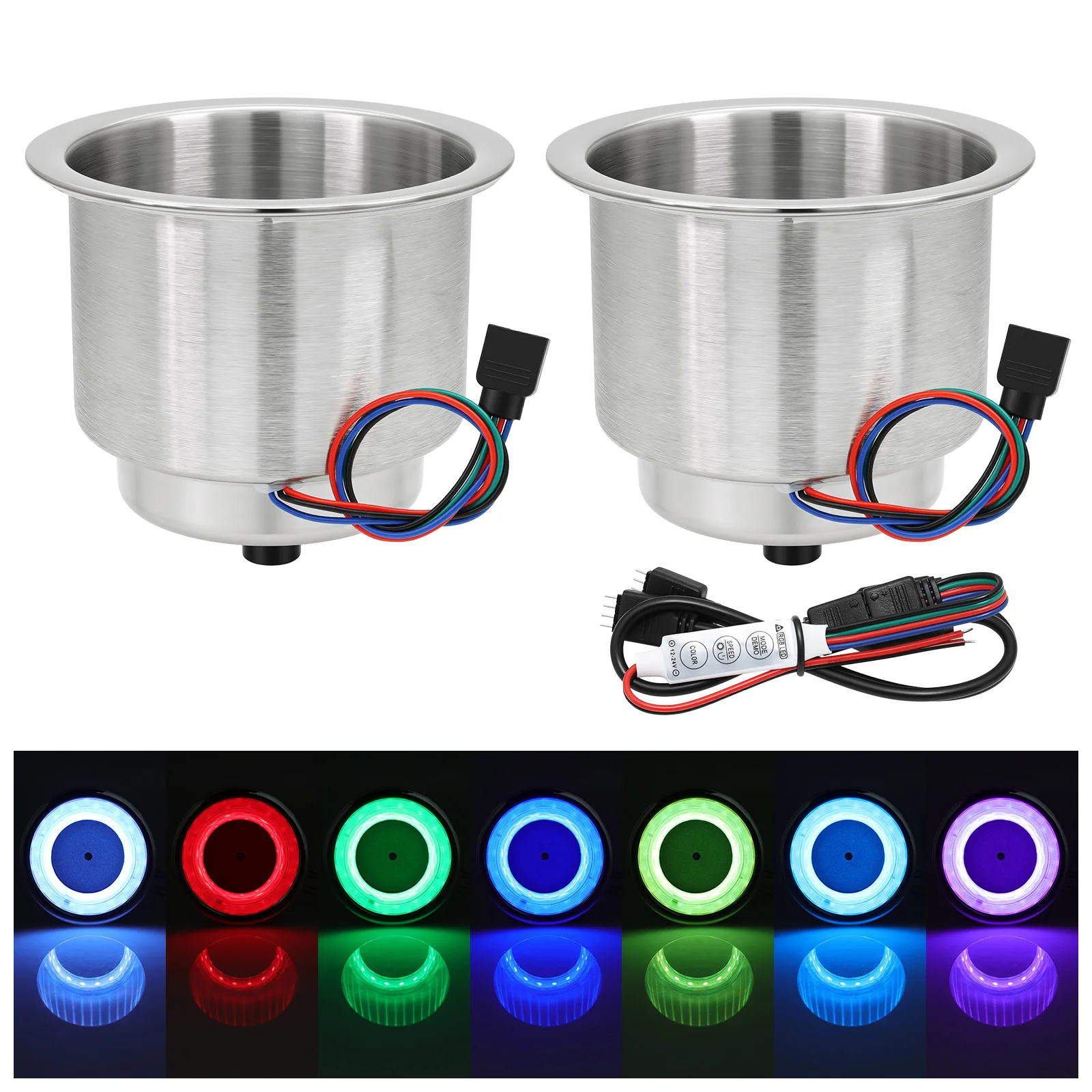 12V LED Built-in Stainless Steel Cup Drink Holder 7 Light Colors Blue Light Marine Boat Truck Camper RV Drink Bottle Holder 2Pie