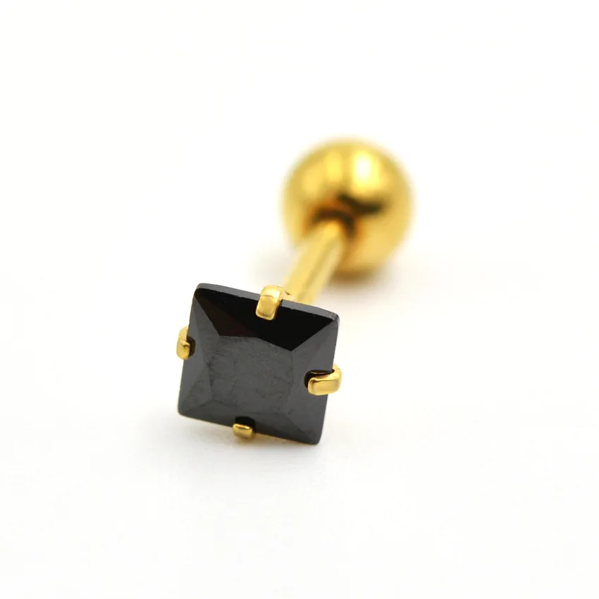 Edelstahl-Ohrstecker mit Schraubverschluss, 3 mm, quadratische Zirkonia, klassischer Stil, goldfarbene IP-Beschichtung, verblasst nicht leicht, allergiefrei. – Detail 6