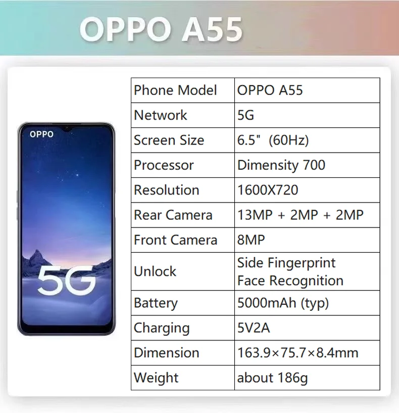 5G LTE OPPO A55 6.52" Display 8+256GB 13MP AI Main Cam 5000mAh Battery 18W Fast Charge New Arrival Dual SIM Unlocked Smartphone
