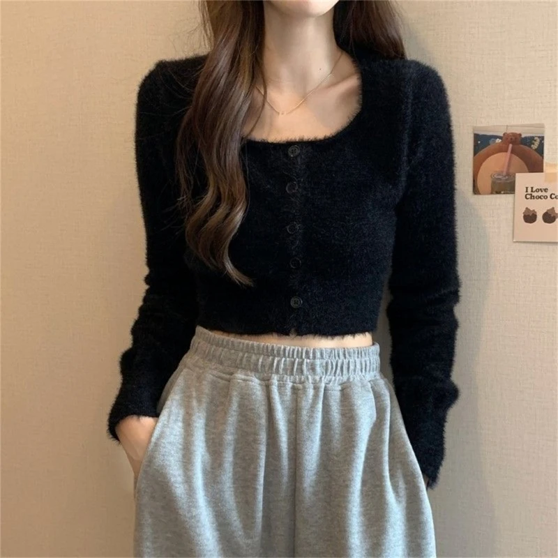 Women Square Neck Button Down Sweater Crop Top Furry Knitted Fit Cardigan 066C