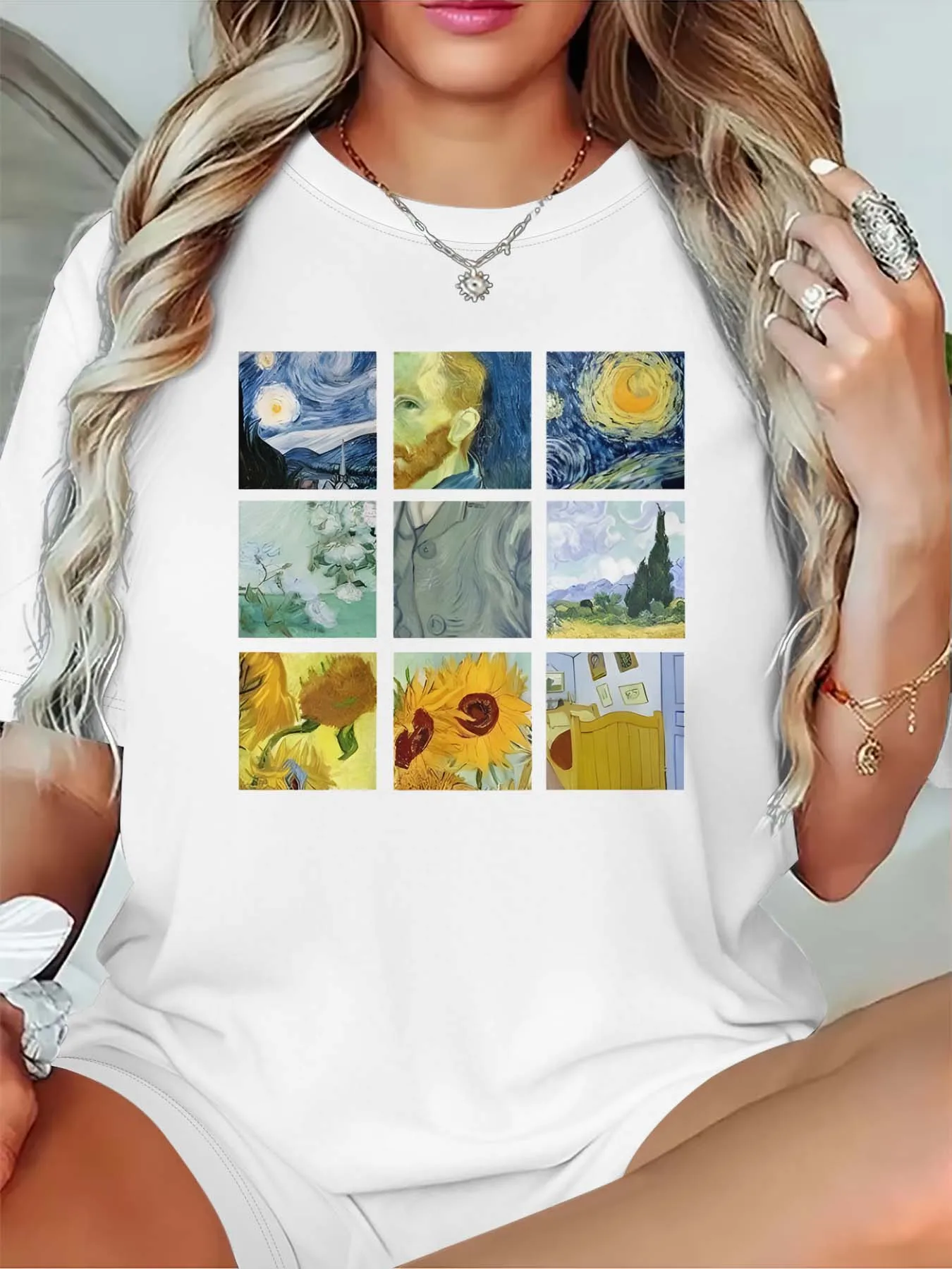 Plus Size Artistic Van Gogh Masterpiece Collage Tee For Women’s Sophisticated Fashion Taste