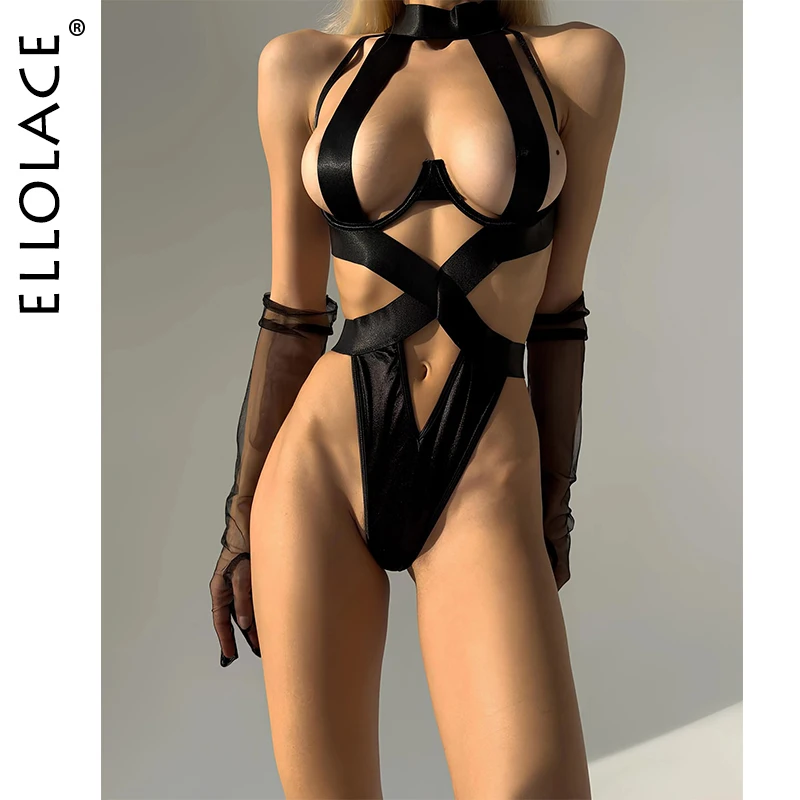 Ellolace Bandage Sexy Lingerie Bodysuit Women Halter Hollow Out Exotic Clothes Black Porn Bottom Sissy Hot Sensual Body image 2