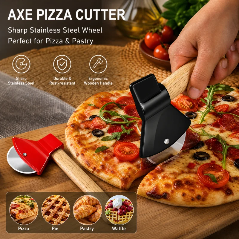 Stainless Steel Pizza Cutter with Wooden Handle Ax Knife Type Pastry Roller Single Wheel Scissor Design Kitchen Tool