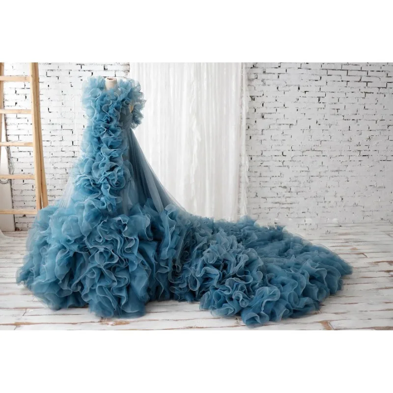 

Photography Marternity Gowns Front Split Tulle Dresses Long Lush Ruffled Floor Length Marternity Dress with Tail Puffy