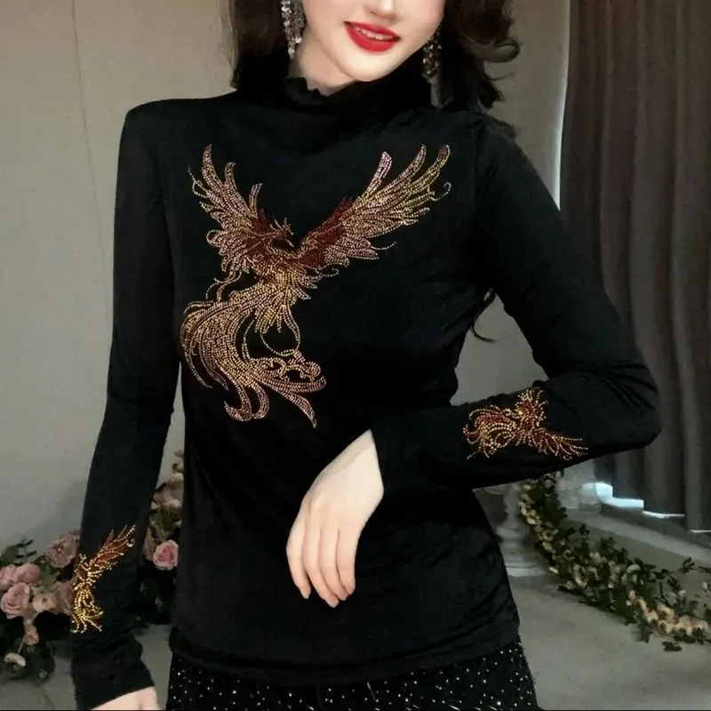 Women Clothing 2024 Autumn Winter Vintage Fashion Rhinestone High Collar T-shirt Black Elegant Long Sleeve Slim Thick Basic Tops