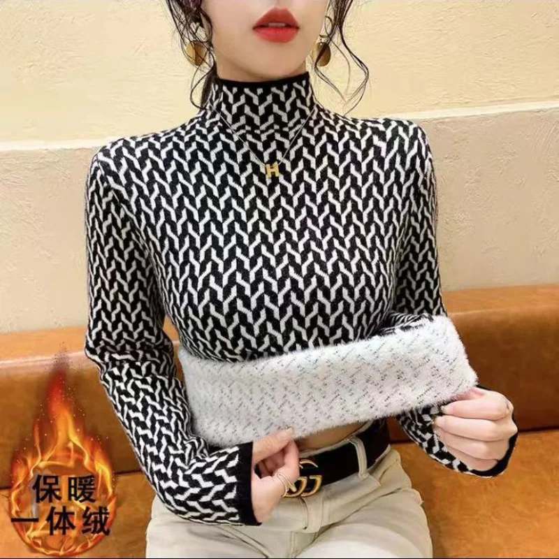 Sweater Jacquard kerah setengah tinggi wanita, atasan lengan panjang serbaguna hangat bergaris ramping musim gugur dan musim dingin gaya Korea