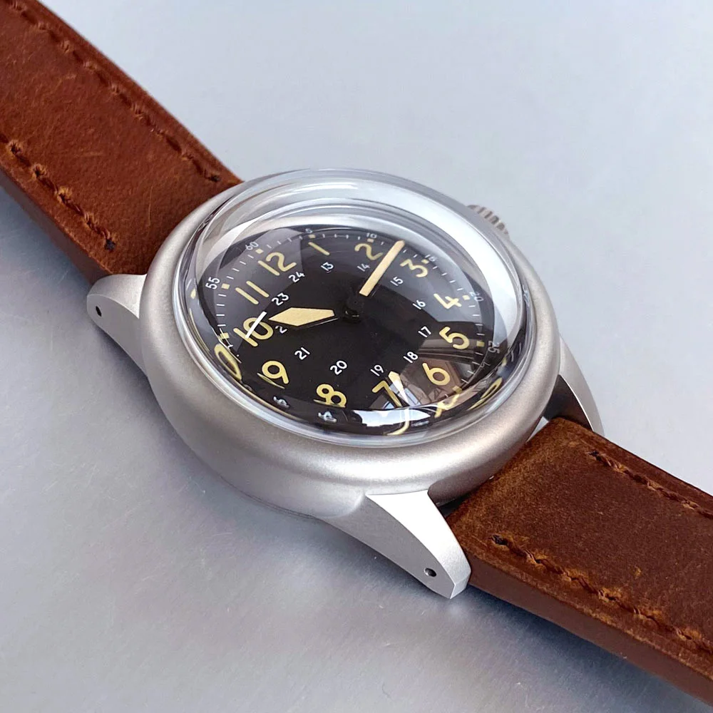 Tandorio preto 36mm estilo piloto NH35 PT5000 vidro de safira com cúpula dupla Senhora Homens Relógio Automático Luminoso 20ATM couro