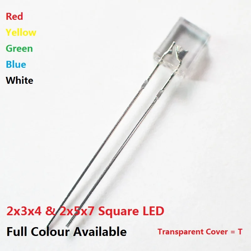 Bezpłatny statek 100 sztuk 2*3*4/2*5*7 kwadratowy przezroczysty LED czerwony żółty zielony niebieski wysoki jasny koralik dioda elektroluminescencyjna 2x5x7/2x3x4