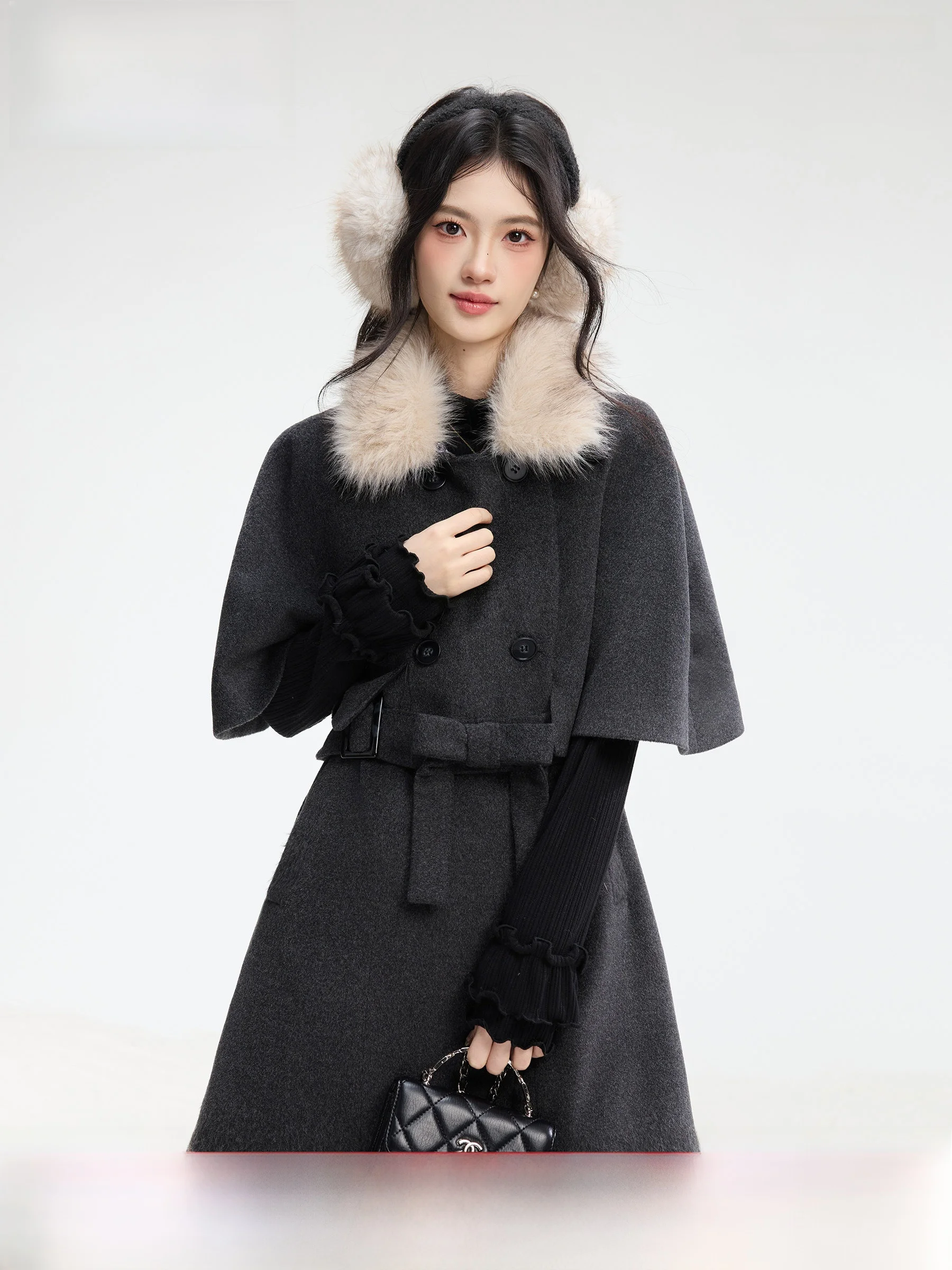 

Deep ey Woolen Coat for Women with Fur Collar Ling Jiu Qi Qiu Sle Winter Outerwear Casual Commute Warm Thiened Coat
