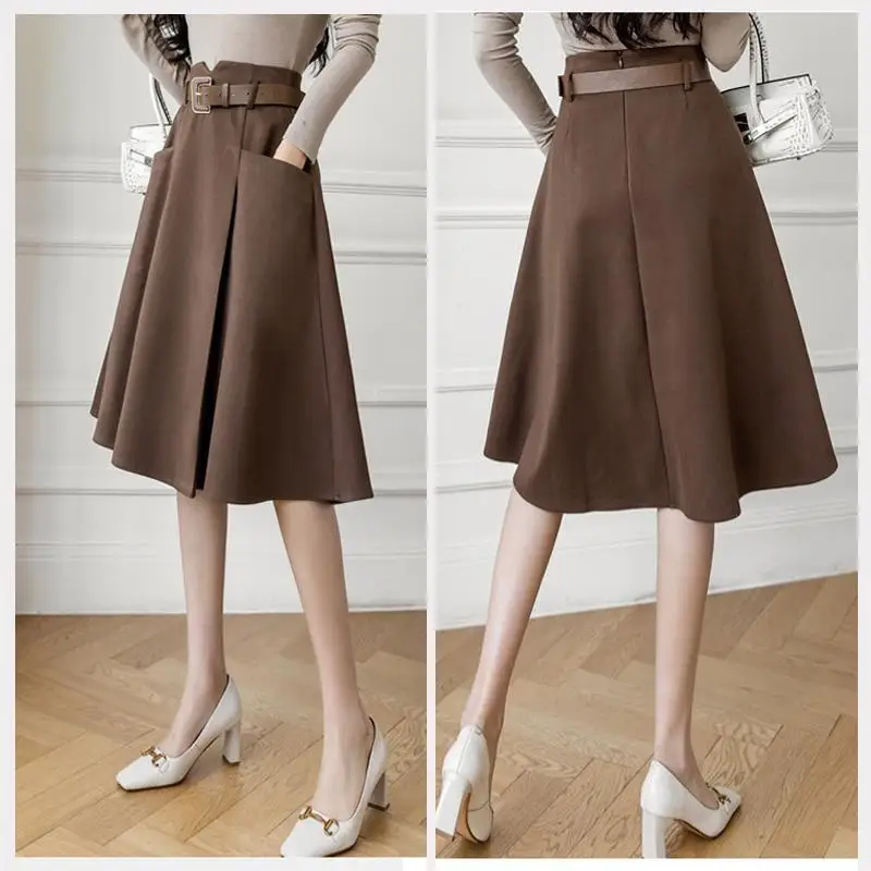 Faldas elegantes de lana acampanadas para mujer, falda larga de cintura alta que combina con todo, estilo coreano, Color sólido, otoño