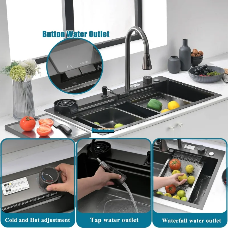 

(GGU) Толстая кухонная мойка из нержавеющей стали, водопад для мытья овощей с мойкой для чашек, дозатор мыла (80x45 см) TQ