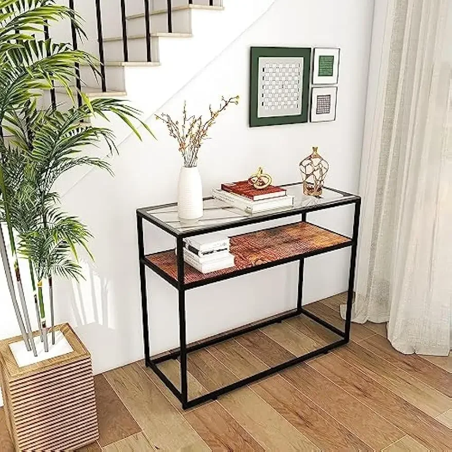 

Console Table, Sofa Desk with Steel Frame and Glass Top, Easy Assembly, Ideal for Entryway, Hallway,2 Tempered Large Shelves