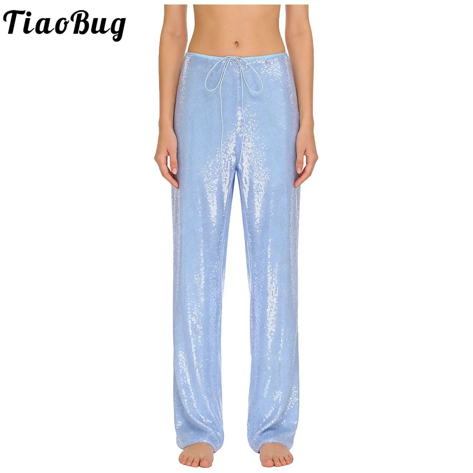 

Women Disco Glittery Fully Lined Sequin Trousers Drawstring Waist Wide Leg Straight Leg Long Pants for Nightclub Stage Dance