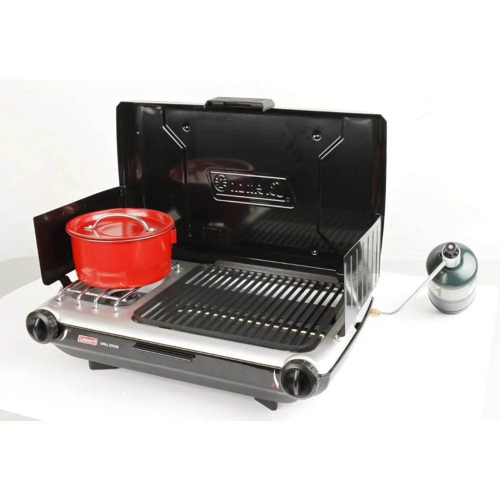 Tabletop 2-in-1 Camping Grill/Stove, 2-Burner Propane Grill & Stove for Outdoor Cooking with Adjustable Burners