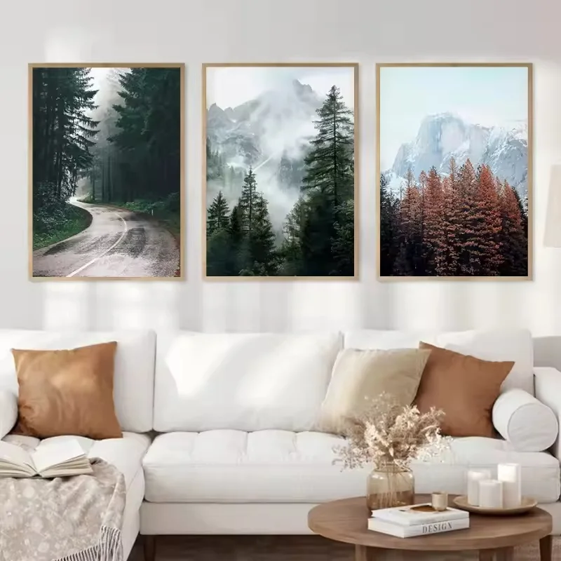 Natural Mountain Foggy Green Forest Canvas Painting Wall Art for Bedroom Office Living Room Landscape Poster and Prints Pictures
