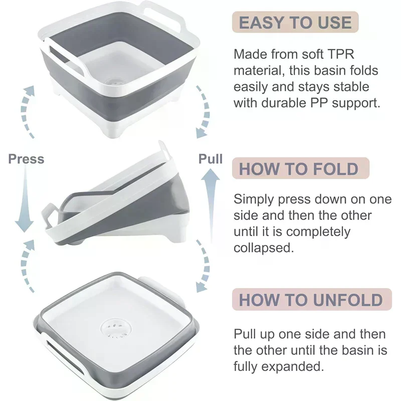 อ่างล้างผักพลาสติกพับได้ขนาด 9 ลิตร พร้อมจุกปิดสำหรับเก็บจาน ล้างผักและผลไม้ และใช้เป็นถังแช่เย็น