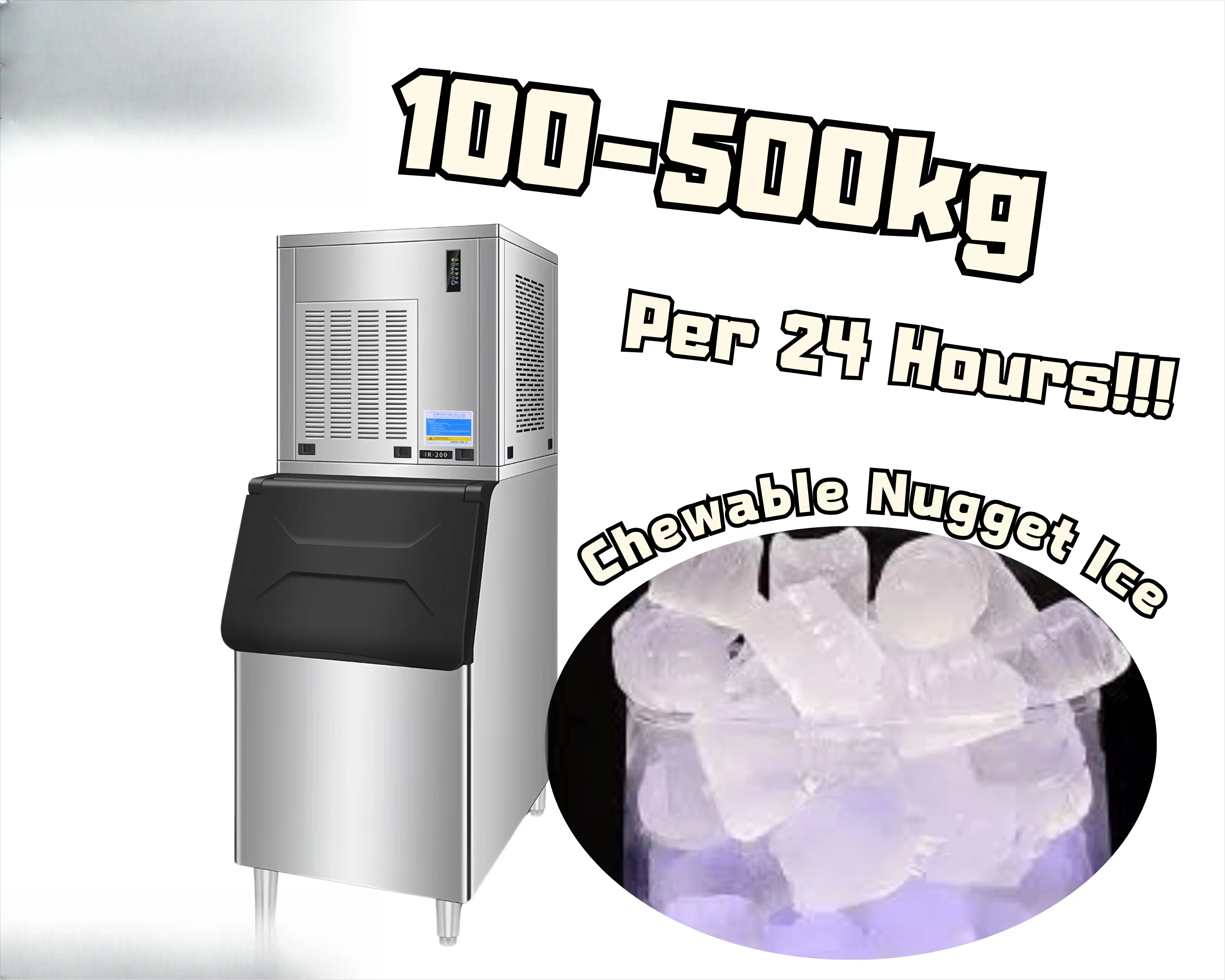 100Kg-500kg chewing gold nugget ice machine with automatic cleaning ice bucket and bar tea shop spoon