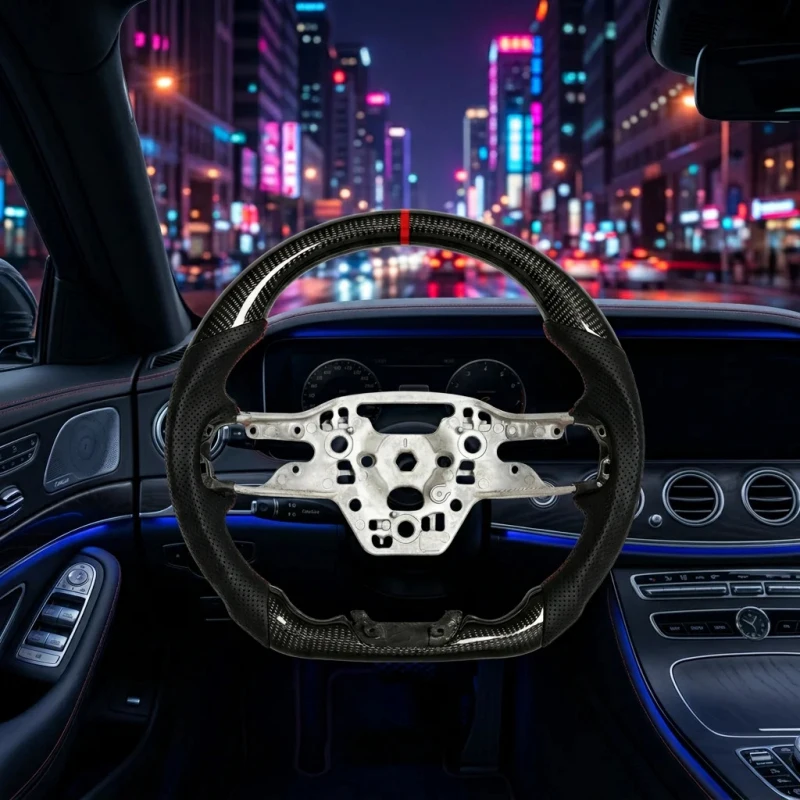 Custom Leather Carbon Fiber Sports Steering Wheel with 3 Spokes and 40mm/35mm Grip Sizes Flat Bottom for Mustang 2015-2025 M5/X5