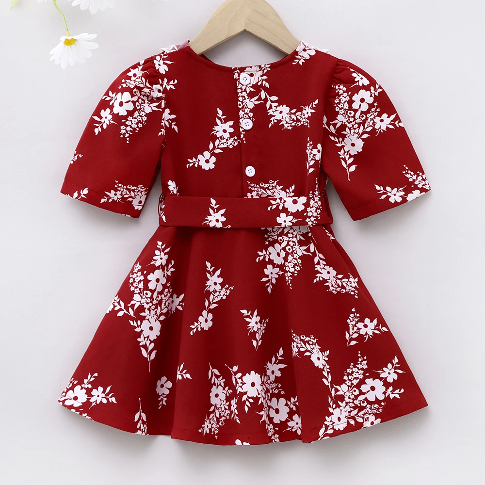 Baby Girl Floral Print Short Sleeves Belted Dress Toddler Kids Lace Lapel Elegant Party Dress