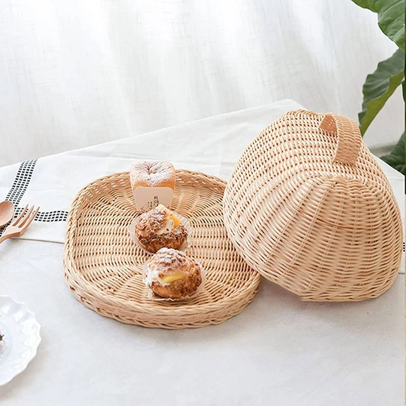 4X Rattan Storage Tray With Cover,Hand-Woven Wicker Baskets,Bread Fruit Food Breakfast Display Box,For Food, Fruit,Cake