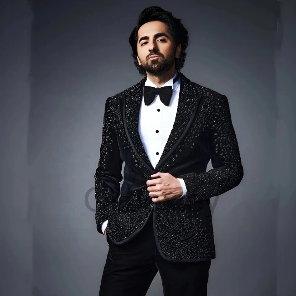 Olibexley 2026 Crystal Beaded Men Suit Groom Wedding Tuxedos Slim Fit Single Breasted 2 Pieces Sets Ropa Hombre Customized S108