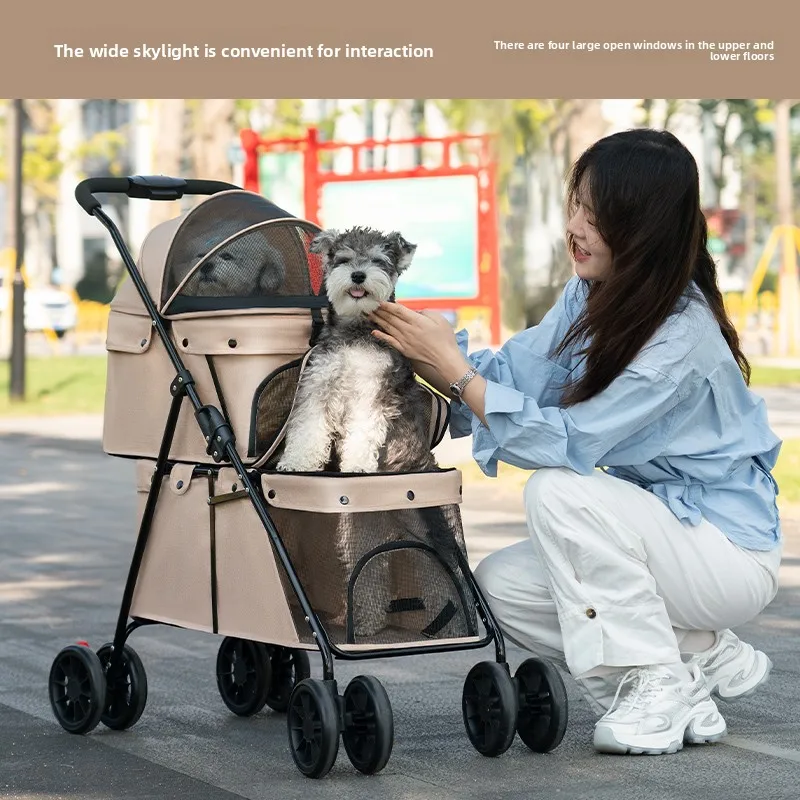 Cochecito para mascotas de dos pisos, portador ligero plegable para gatos/perros, asiento de viaje todoterreno con dosel, cochecito transpirable para exteriores