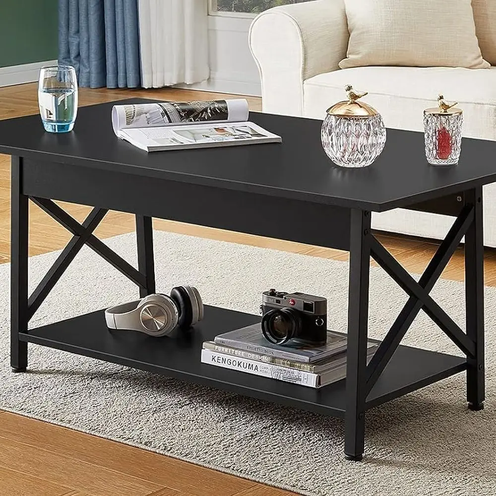 39 Rectangular 2-Tier Storage Coffee Table, Modern Farmhouse Style, Living Room & Home Office, Easy Assembly